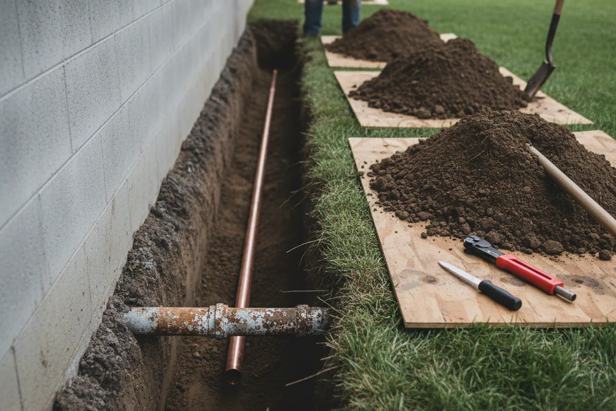 Excavated water line trench during Water Softener Installation in Lena